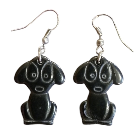 Obsidian Stone Dog Puppy Dangle Earrings - Picture 1 of 4